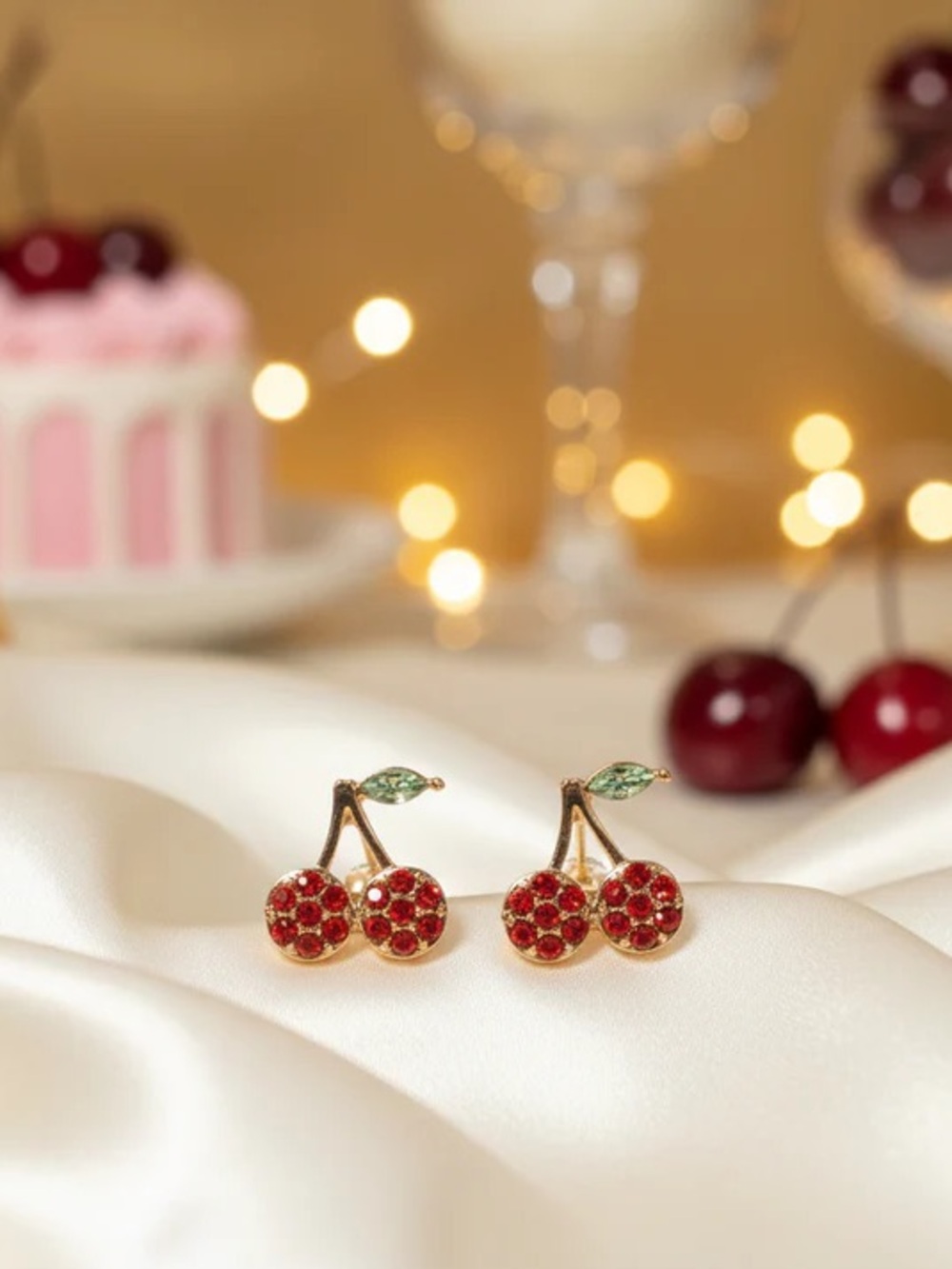 Gold Cherry Crystal Stud Earrings in Red and Green